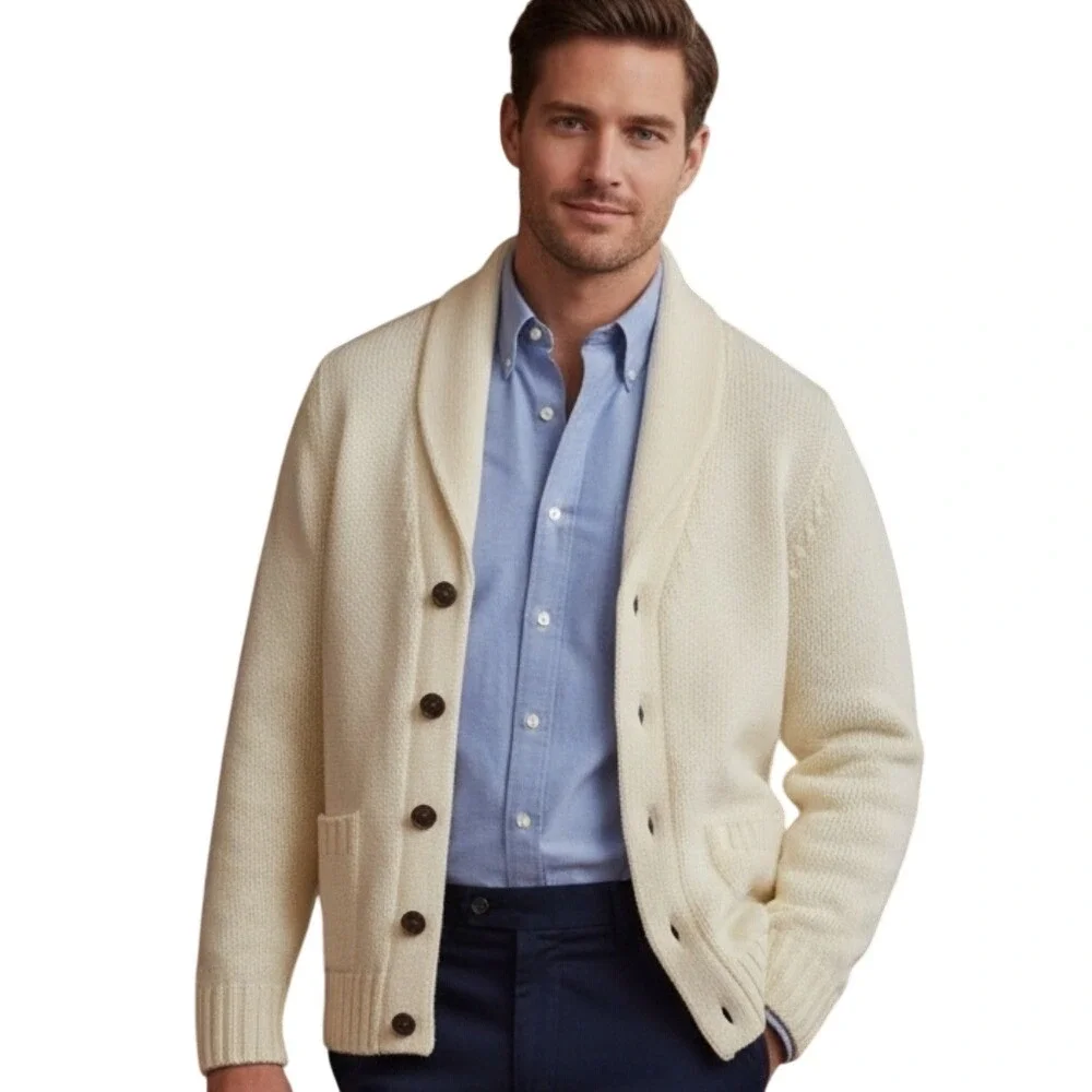 Vintage Herman Phillips Ivory Shawl Collar‎ Cardigan Sweater Preppy Heritage Med